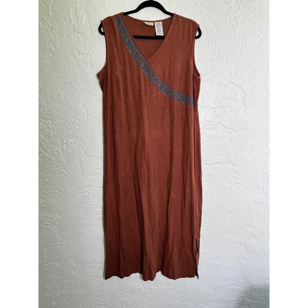 White Stag Linen‎ Blend Embroidered Midi Dress Rust Orange Sleeveless Large